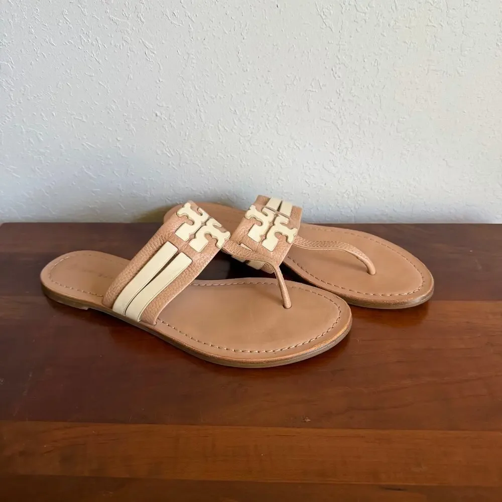 Tory Burch Leigh Tumbled Leather Cream Tan Thong Sandal Women 8.5 Summer Classic